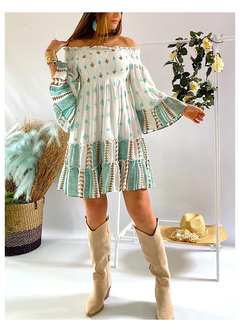 Vestido Positano blanco y aguamarina