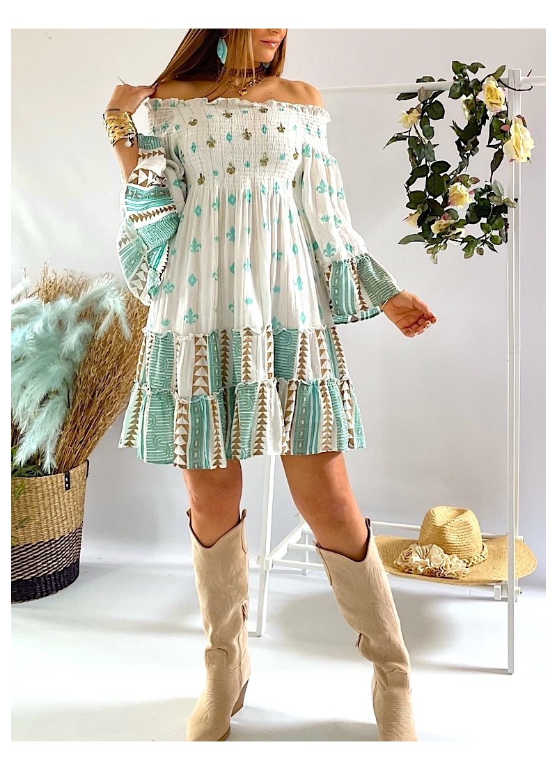 Vestido Positano blanco y aguamarina