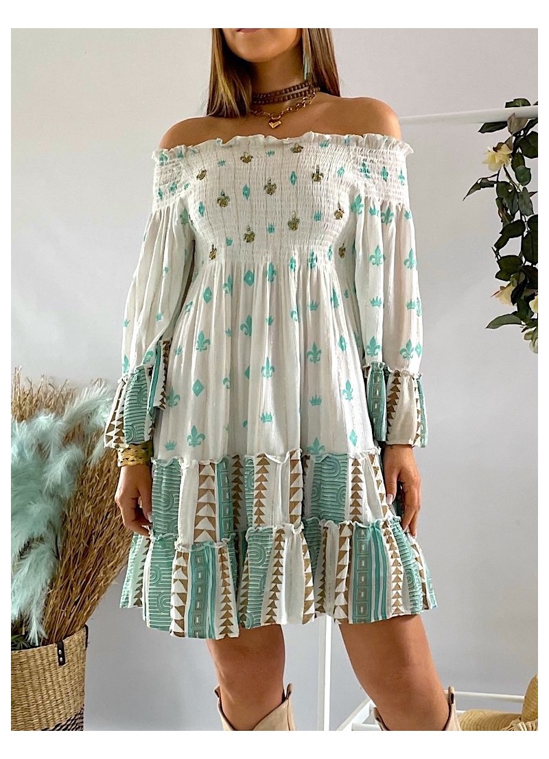 Vestido Positano blanco y aguamarina