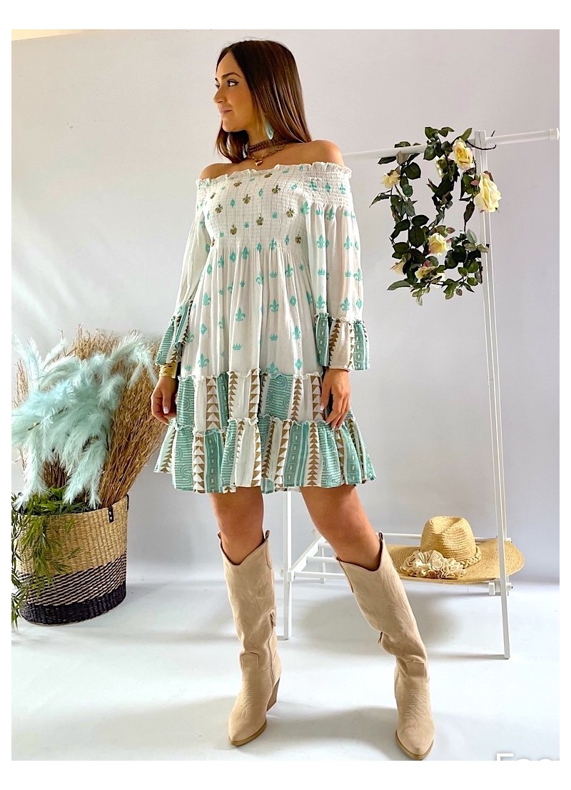 Vestido Positano blanco y aguamarina