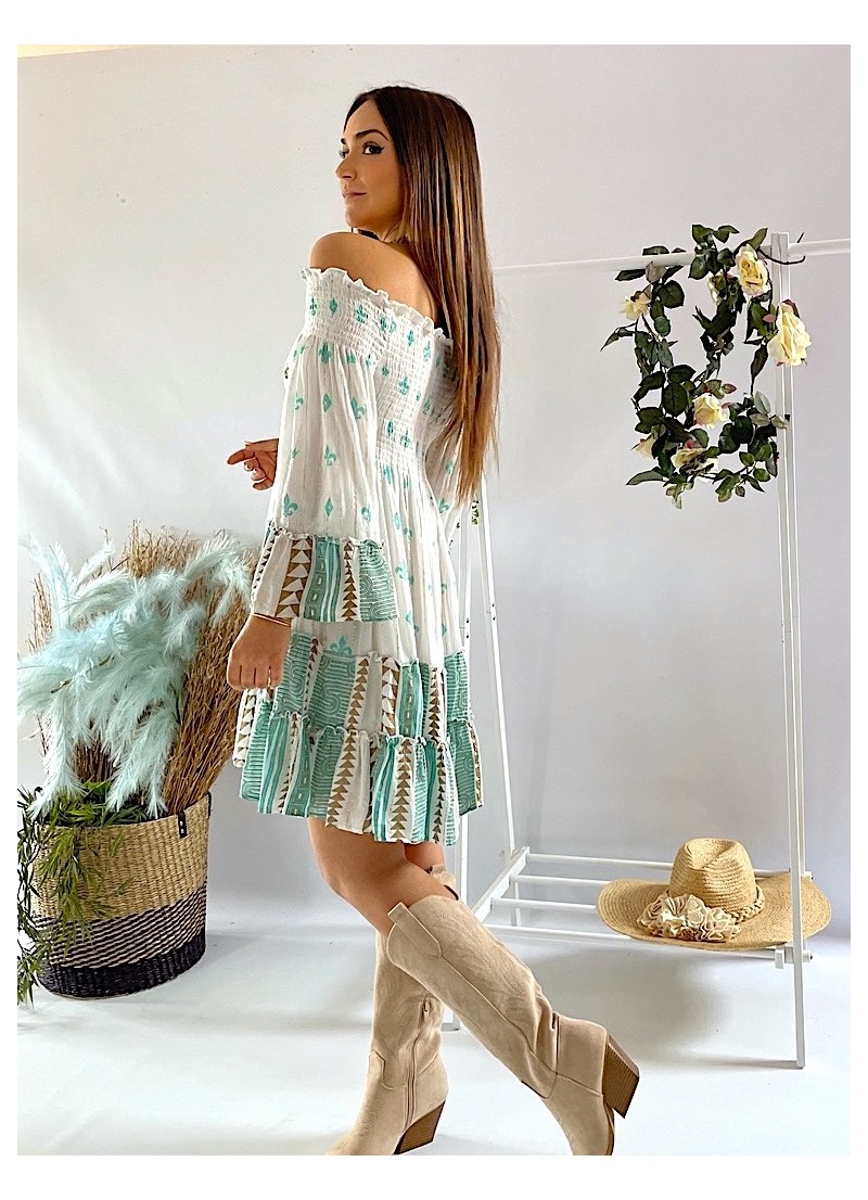 Vestido Positano blanco y aguamarina
