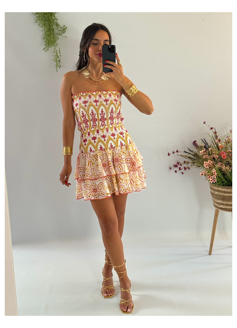 Vestido Anabel bordado ocre y Rojo
