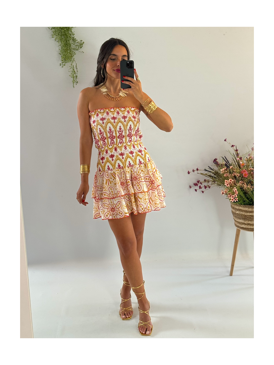 Vestido Anabel bordado ocre y Rojo