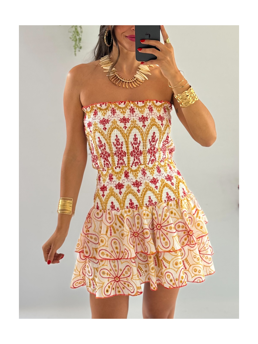 Vestido Anabel bordado ocre y Rojo
