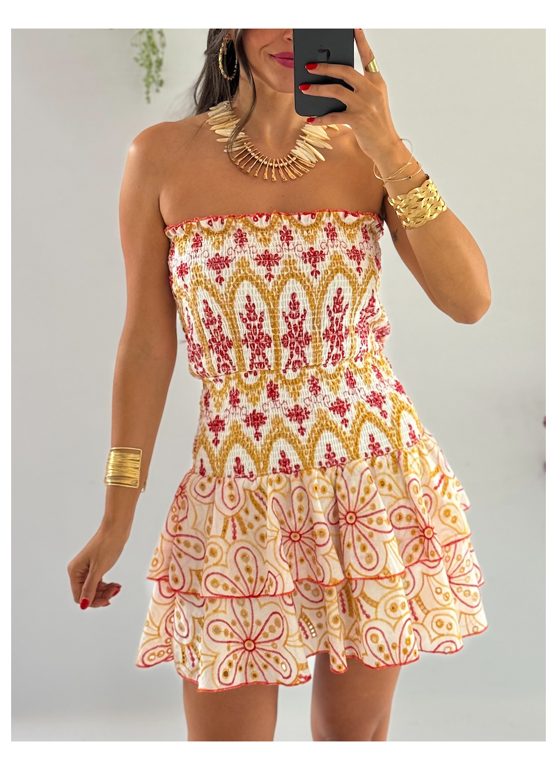 Vestido Anabel bordado ocre y Rojo