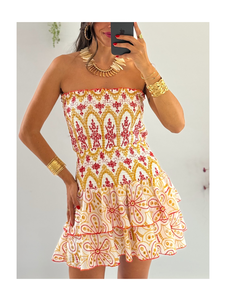 Vestido Anabel bordado ocre y Rojo