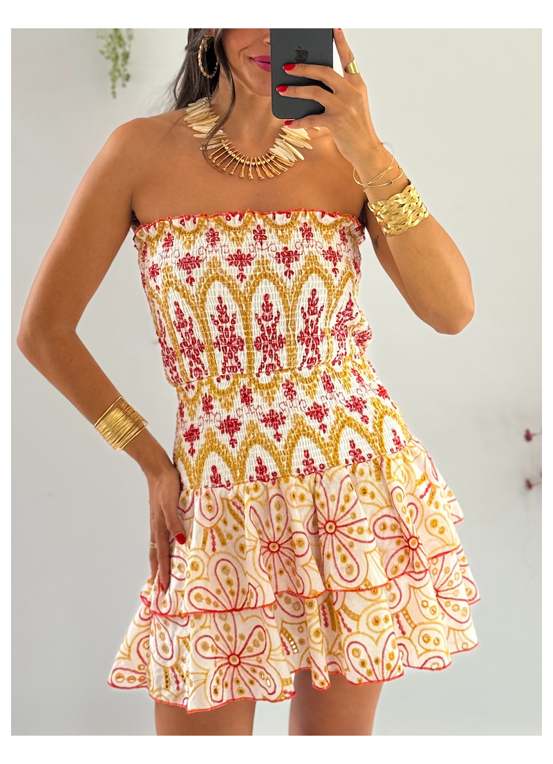 Vestido Anabel bordado ocre y Rojo