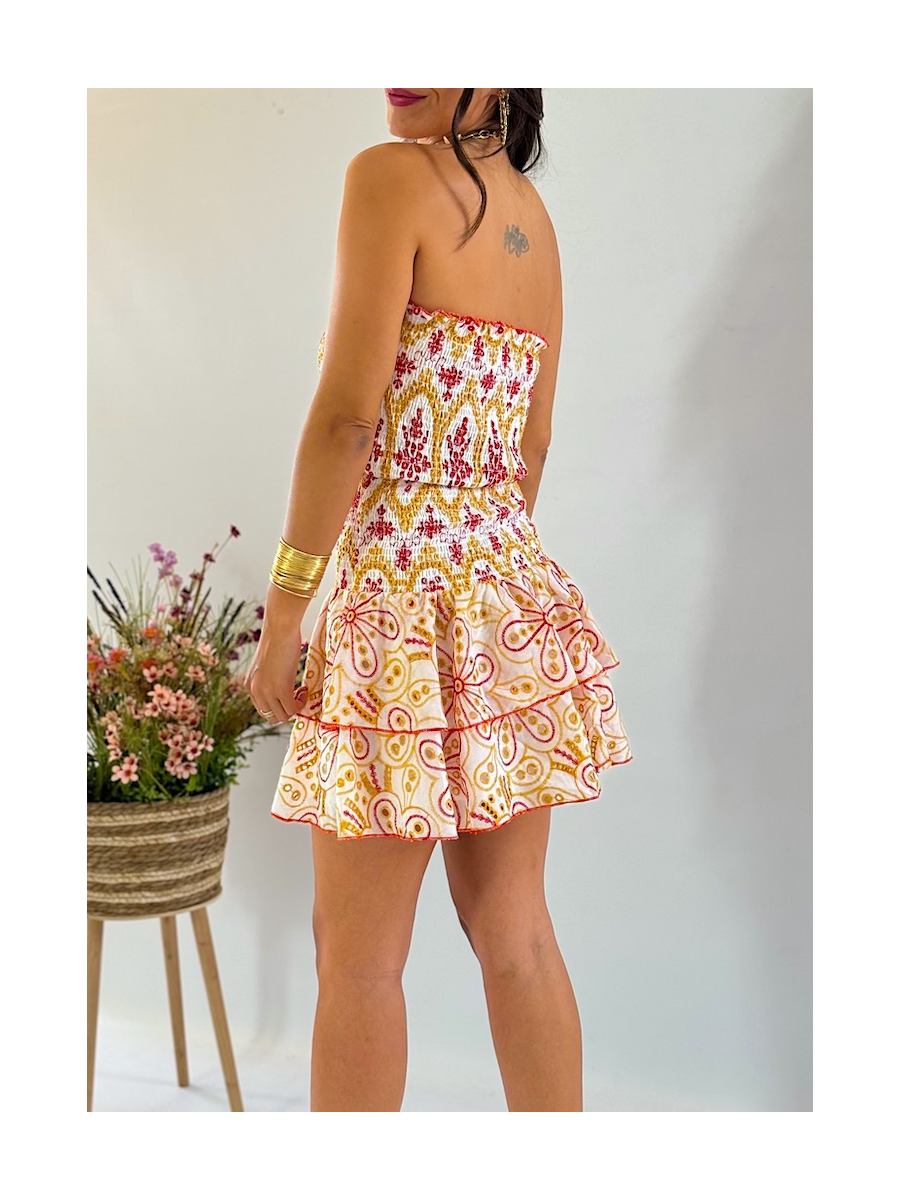 Vestido Anabel bordado ocre y Rojo