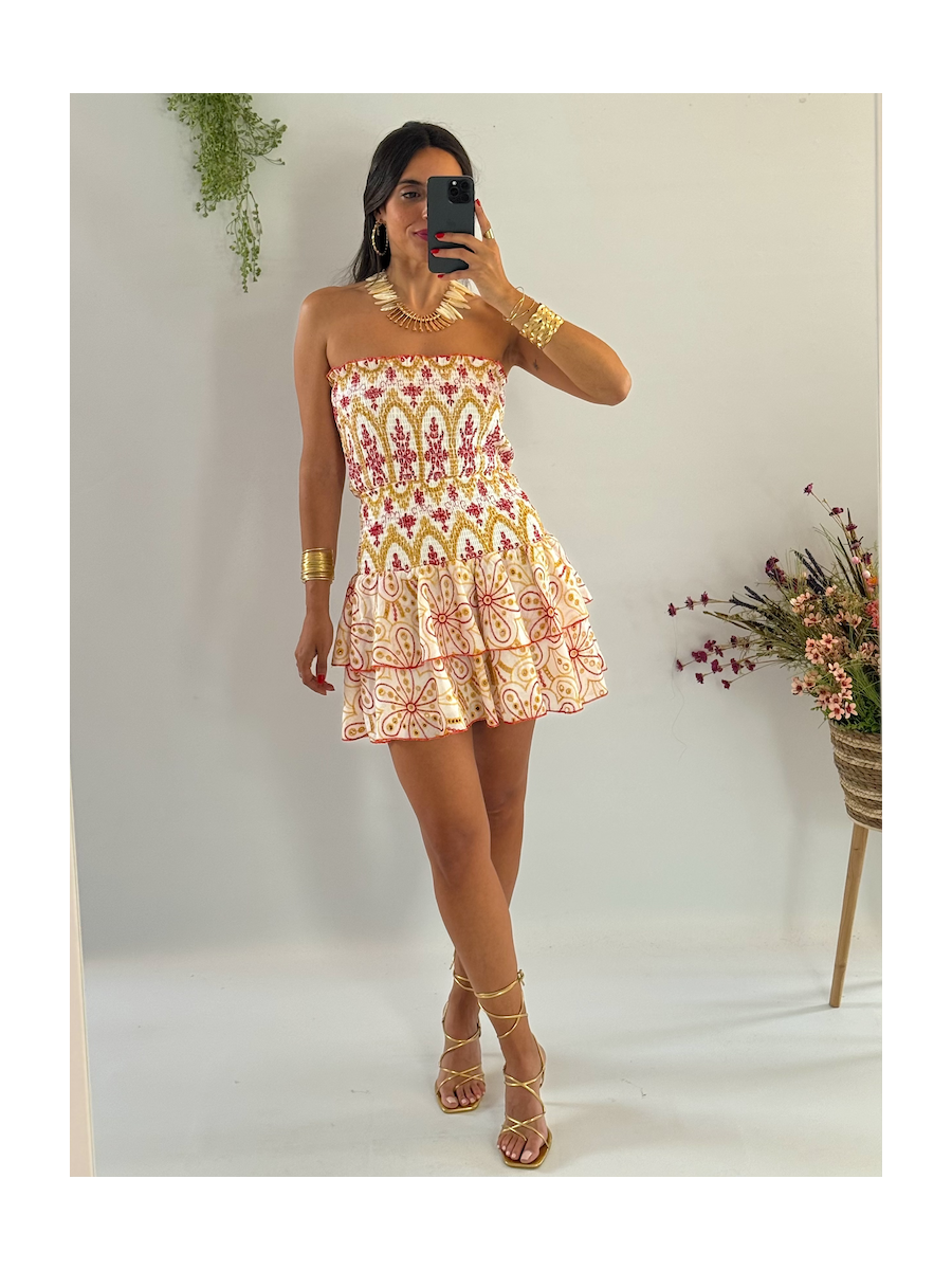 Vestido Anabel bordado ocre y Rojo
