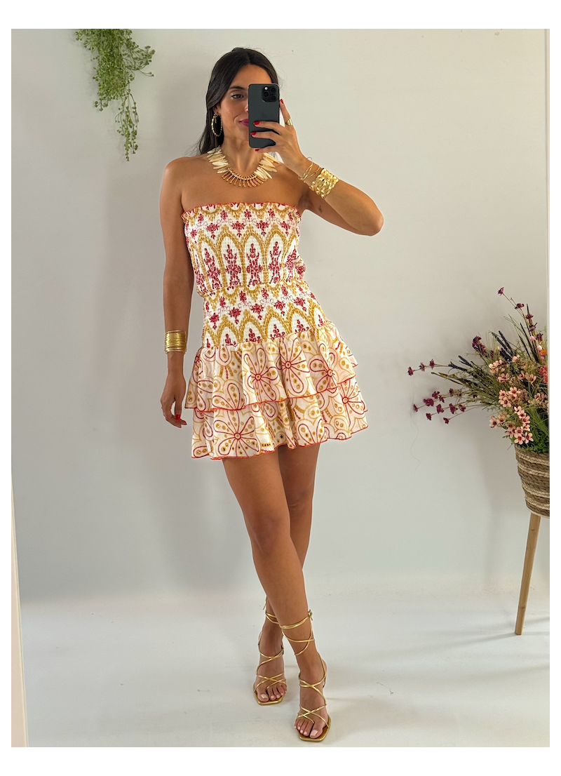 Vestido Anabel bordado ocre y Rojo