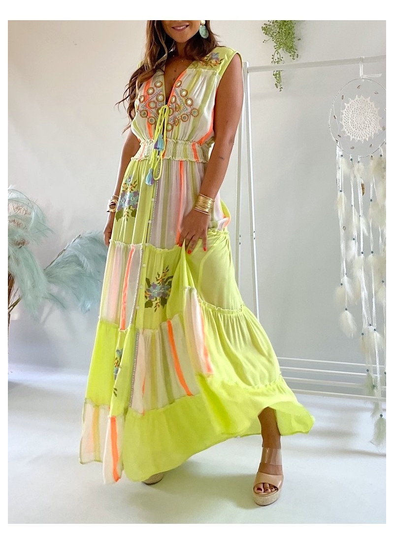 Vestido Kora verde lima y coral