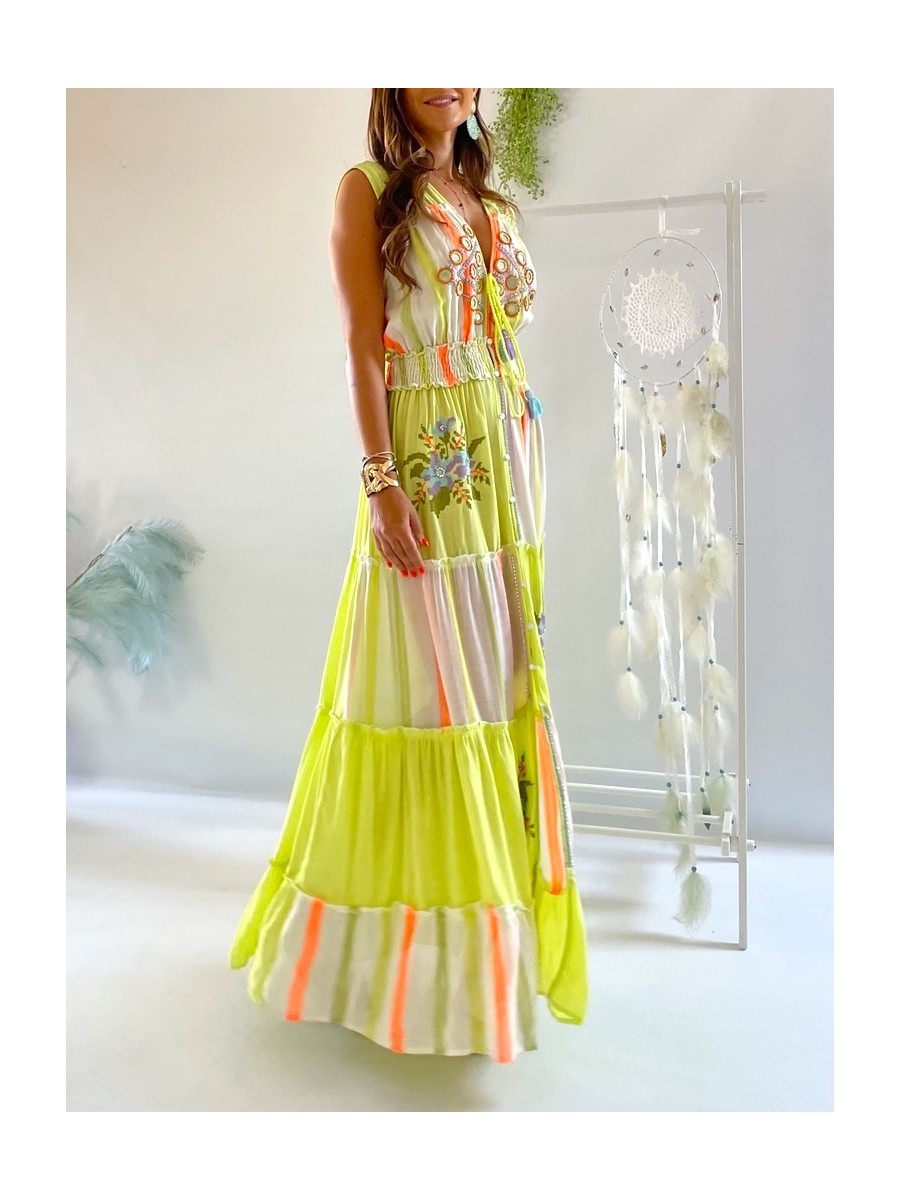 Vestido Kora verde lima y coral