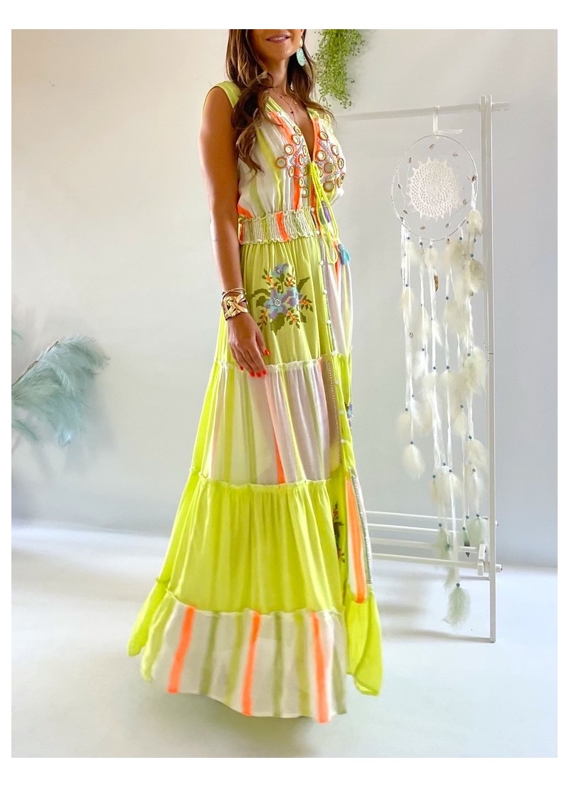 Vestido Kora verde lima y coral