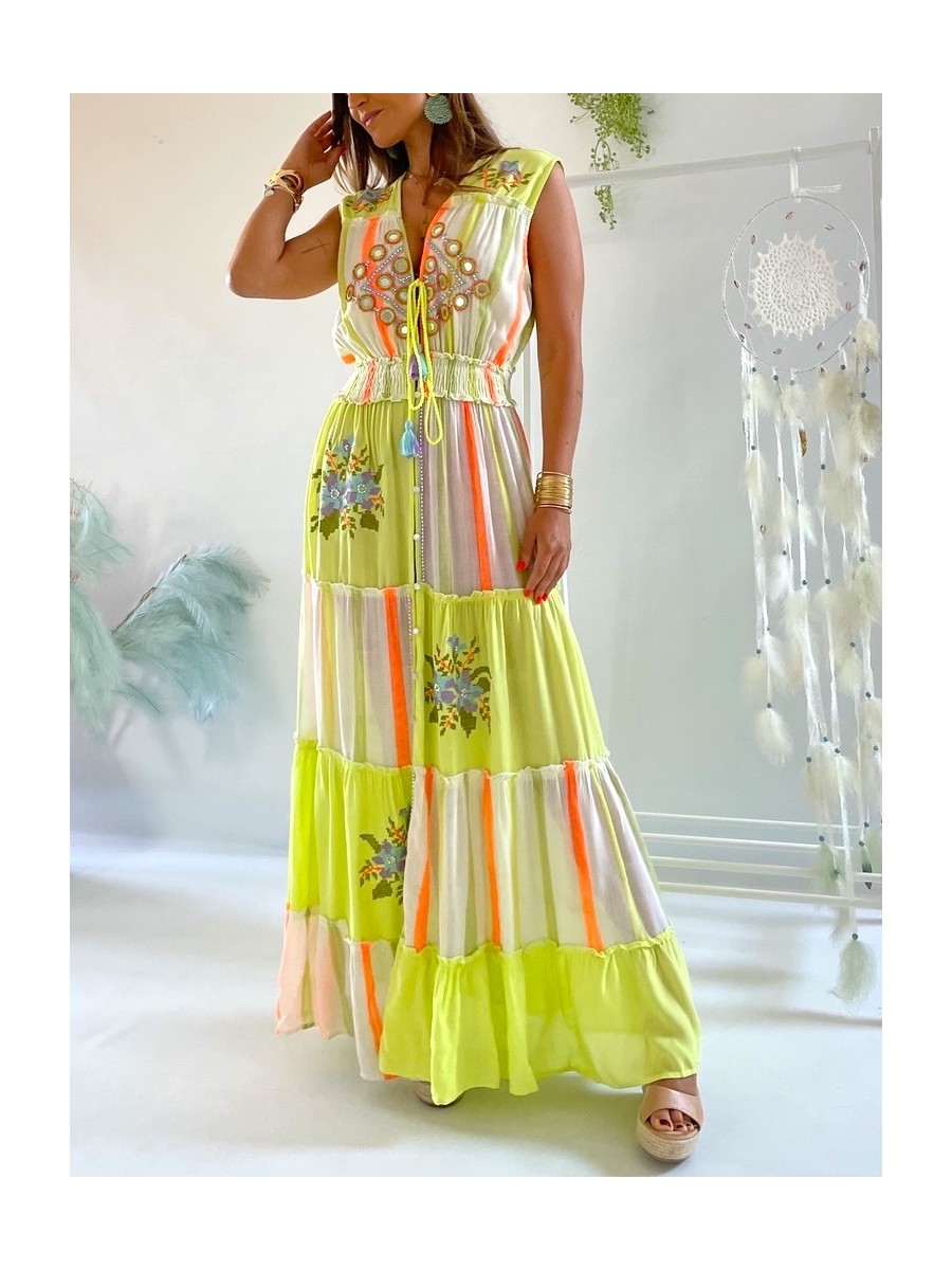 Vestido Kora verde lima y coral