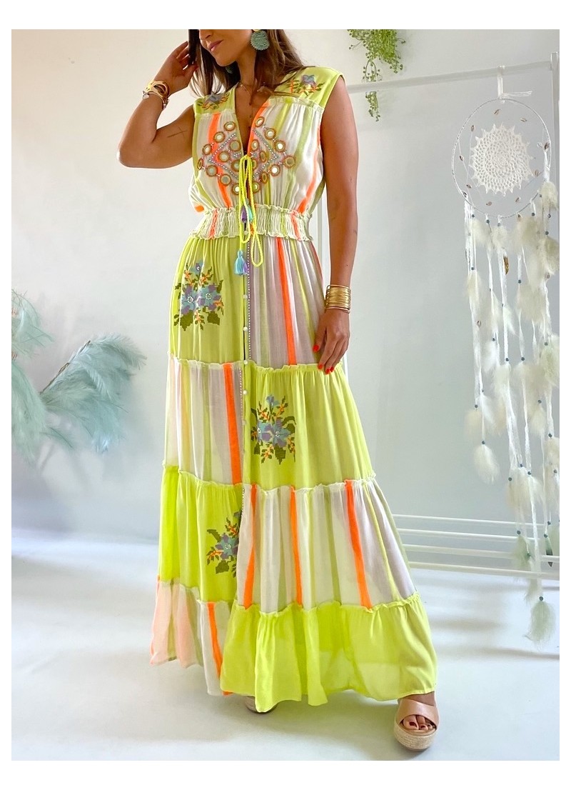 Vestido Kora verde lima y coral