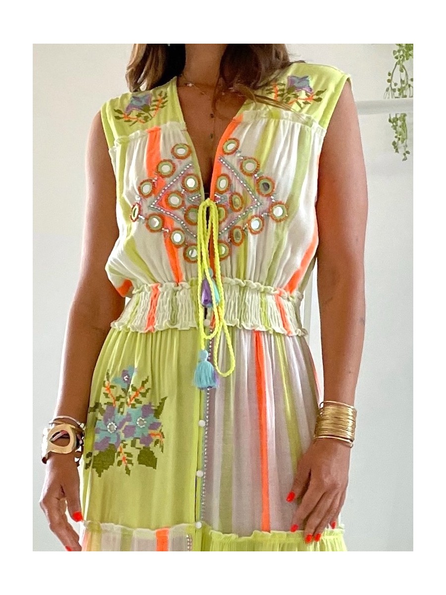 Vestido Kora verde lima y coral