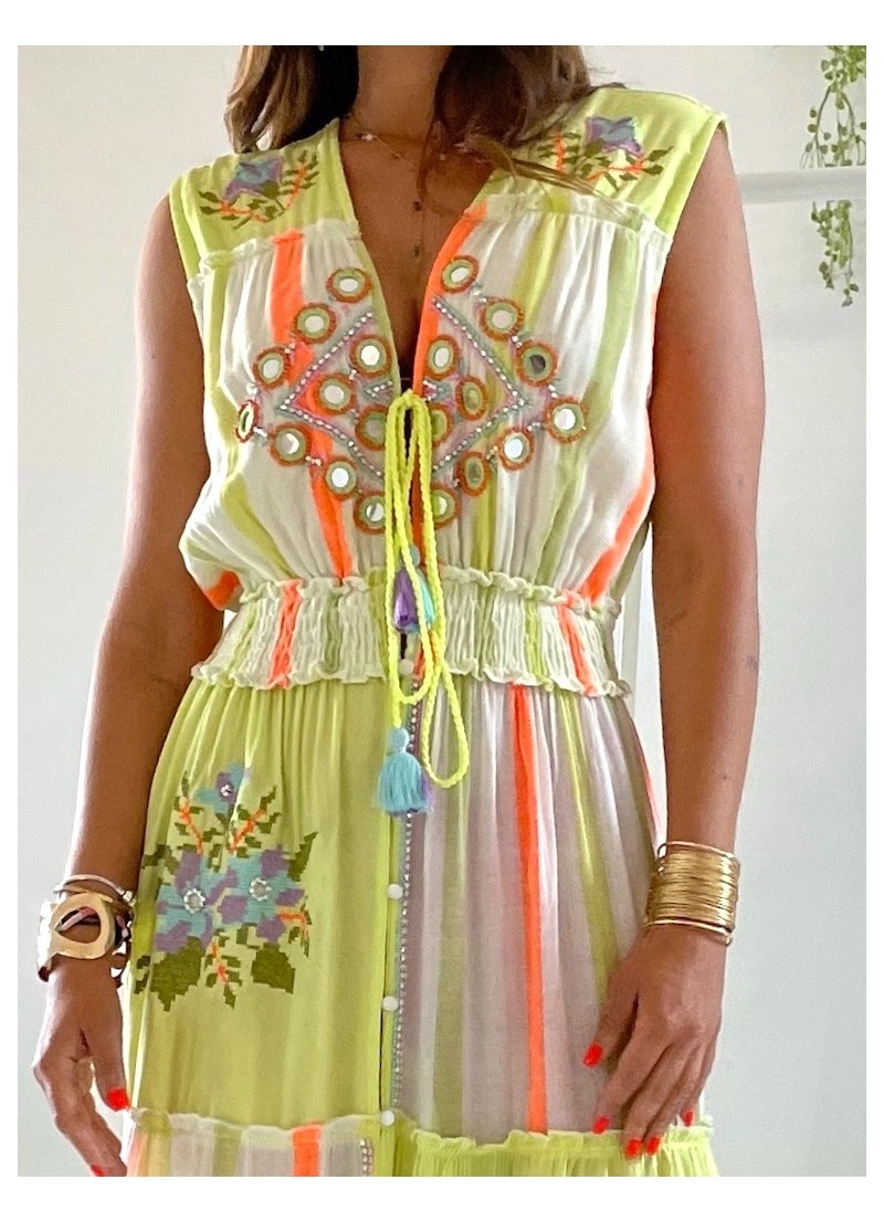 Vestido Kora verde lima y coral