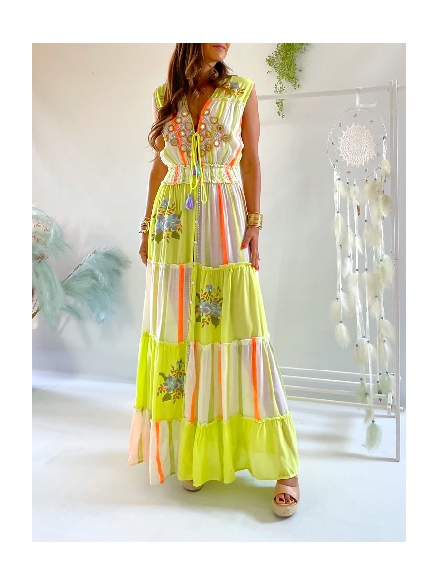 Vestido Kora verde lima y coral