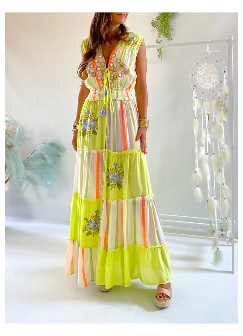 Vestido Kora verde lima y coral