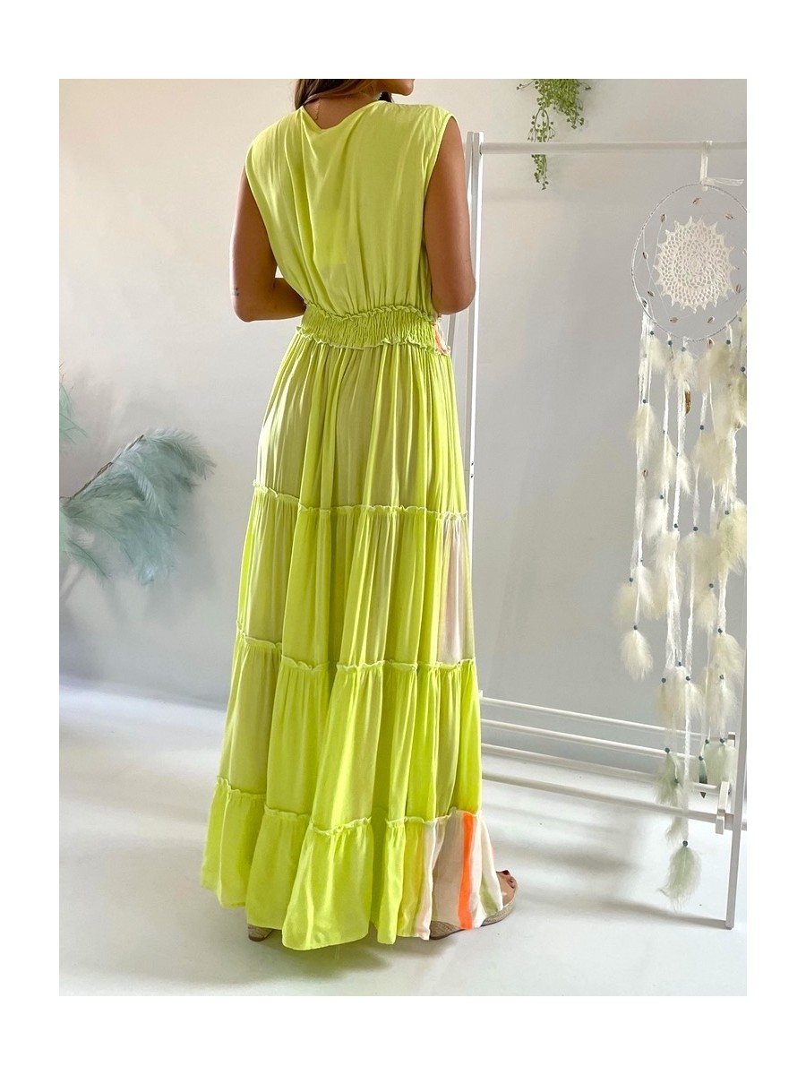 Vestido Kora verde lima y coral