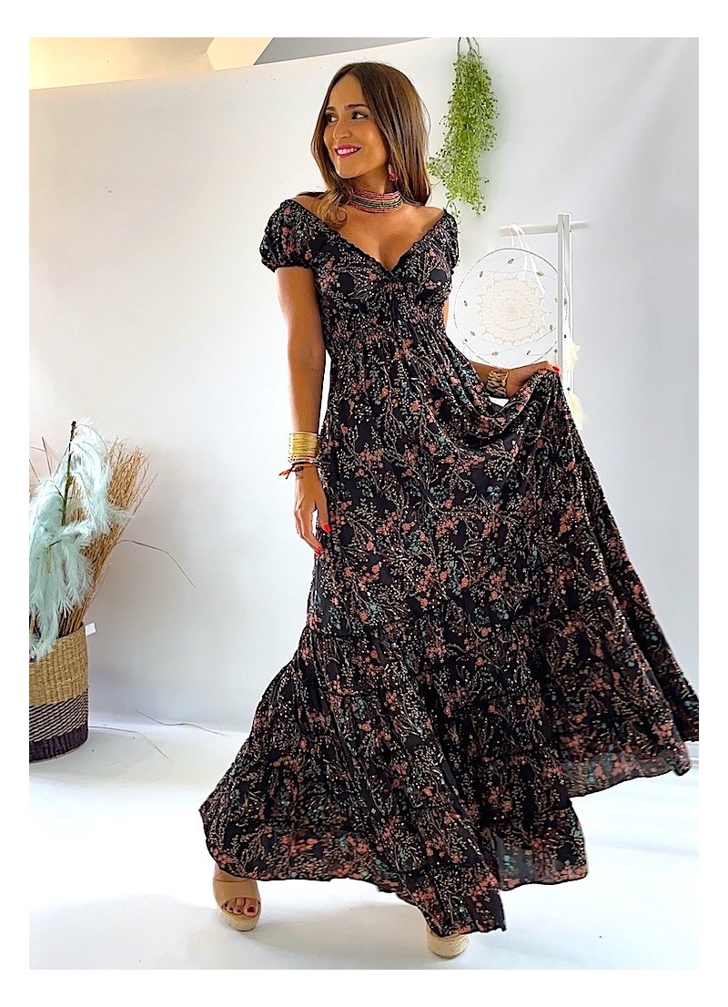 Vestido Abby negro con flores rosas