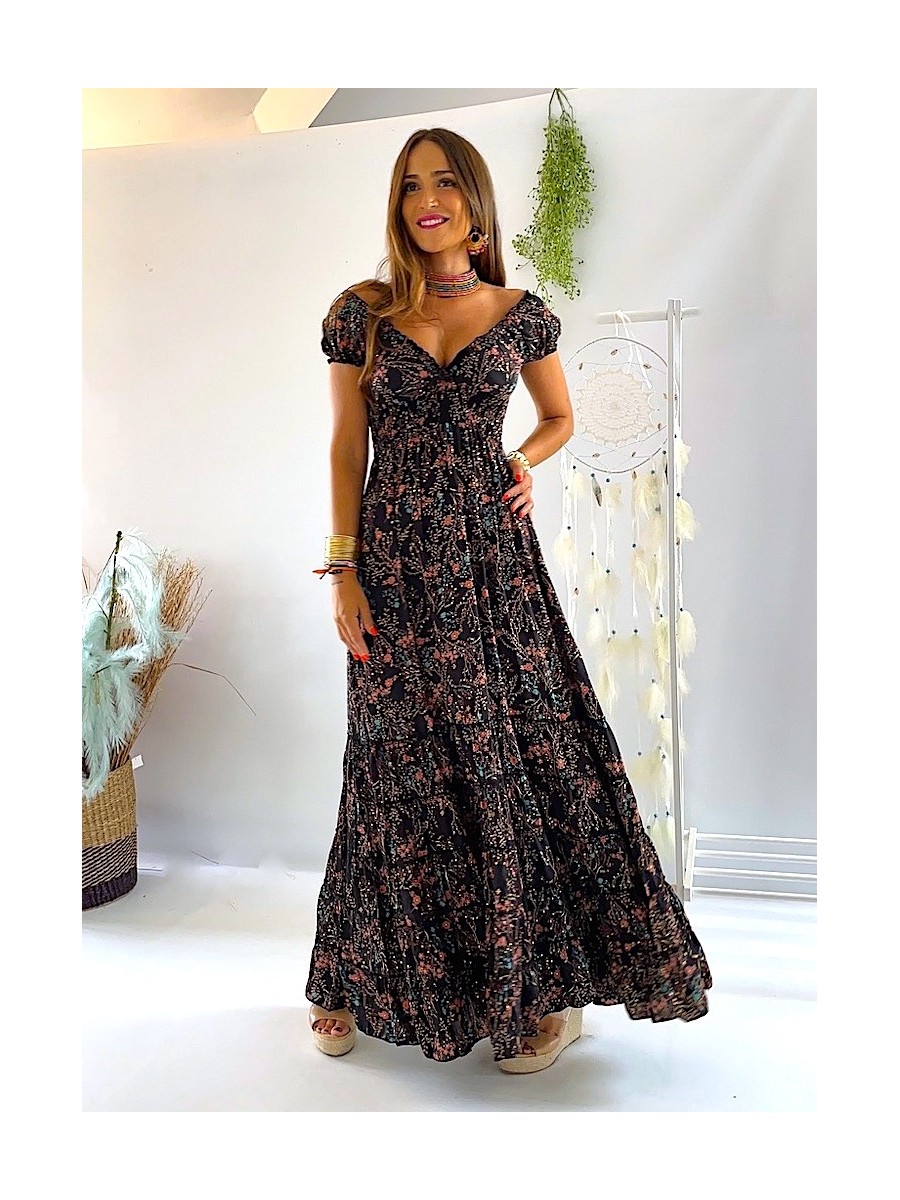 Vestido Abby negro con flores rosas