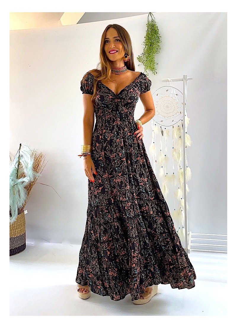 Vestido Abby negro con flores rosas