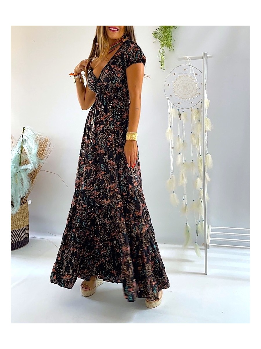 Vestido Abby negro con flores rosas