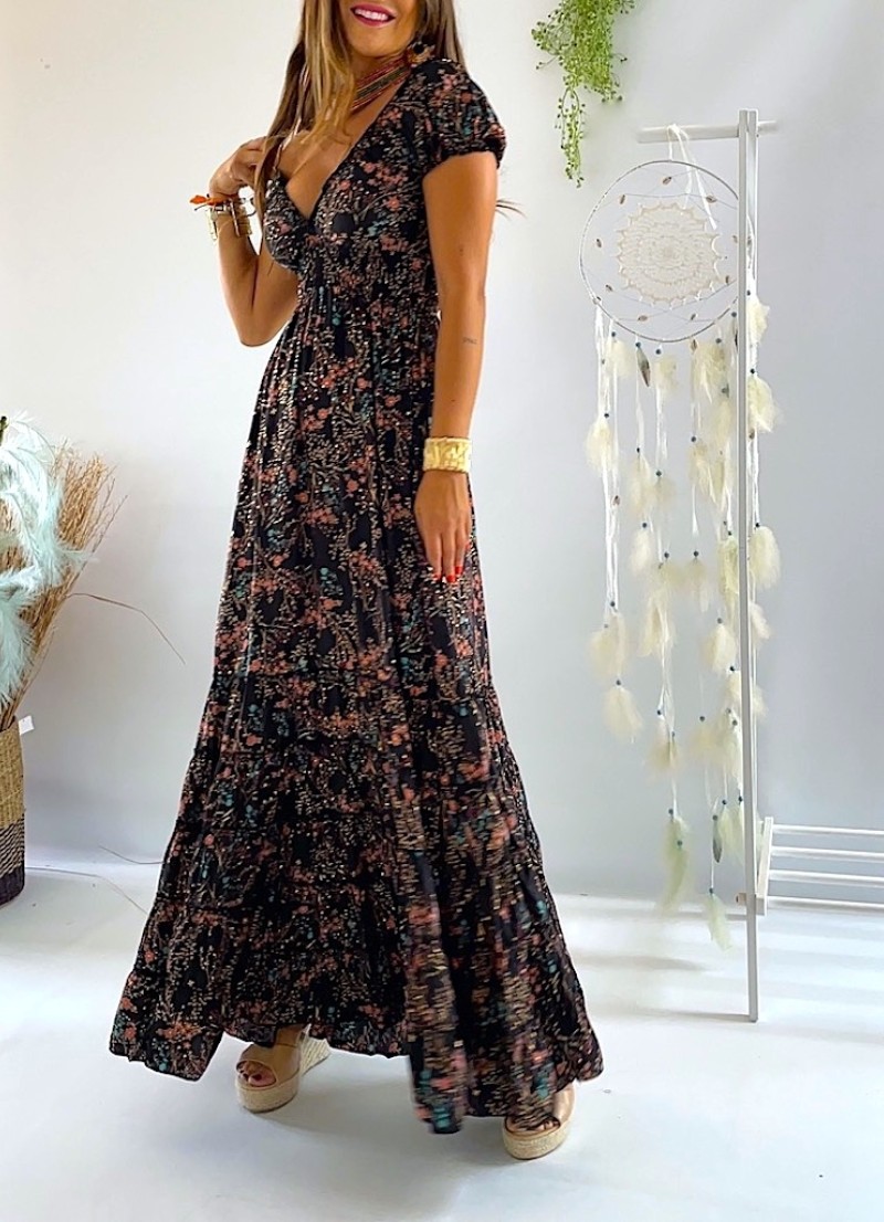 Vestido Abby negro con flores rosas