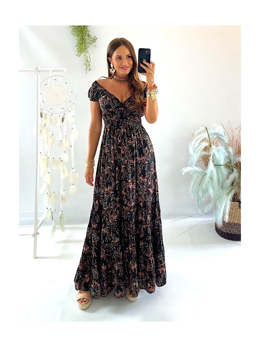 Vestido Abby negro con flores rosas