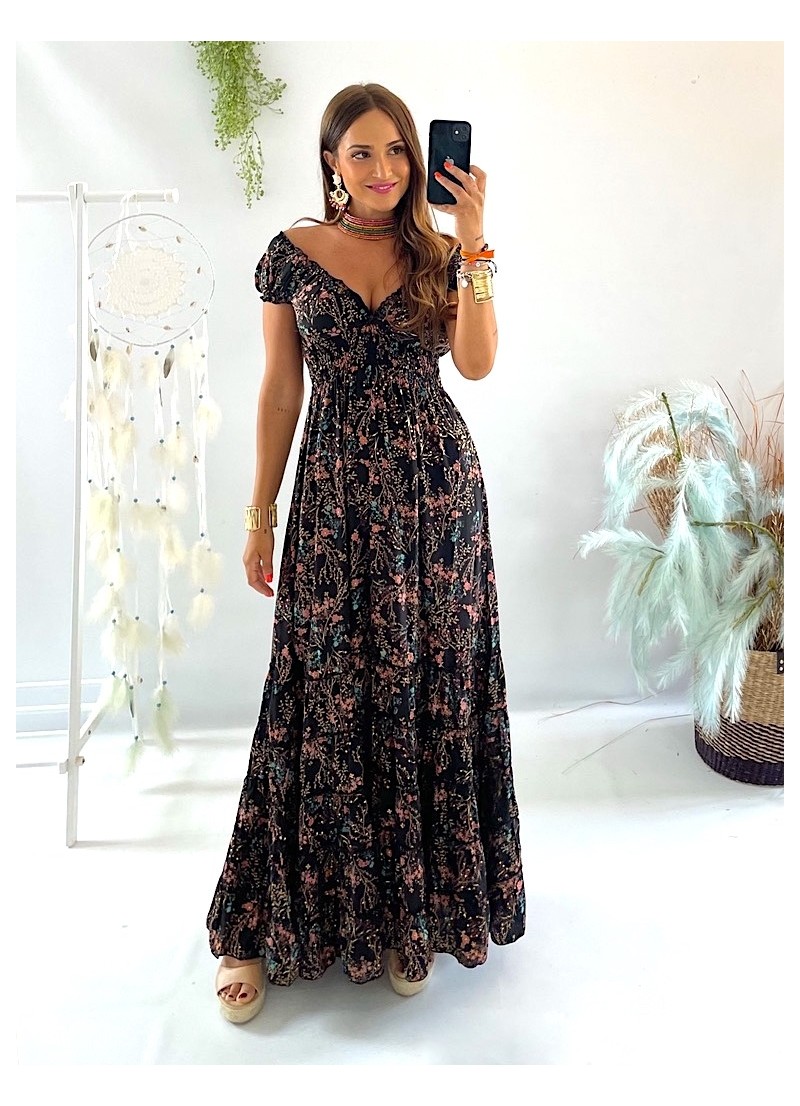 Vestido Abby negro con flores rosas