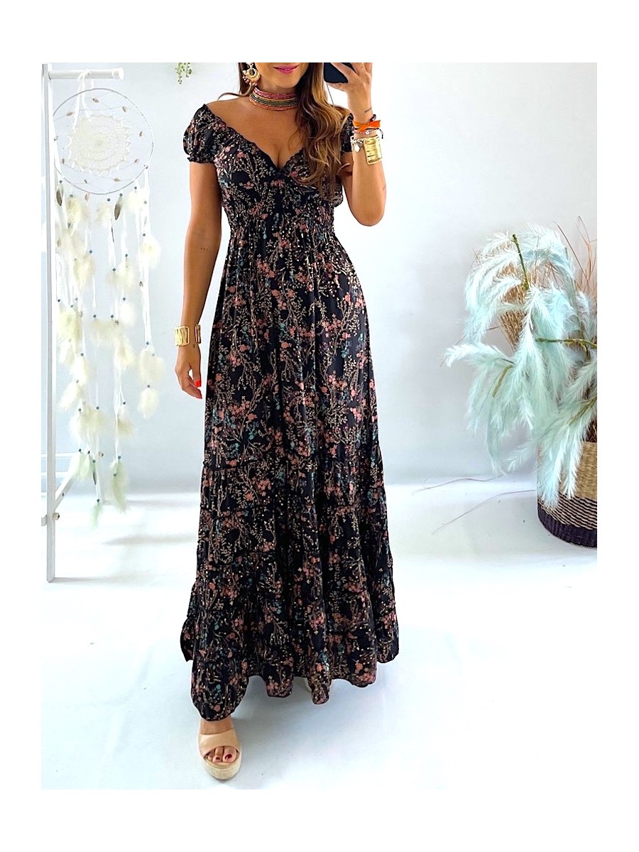 Vestido Abby negro con flores rosas