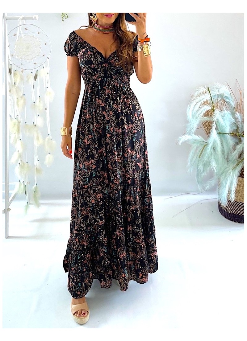 Vestido Abby negro con flores rosas
