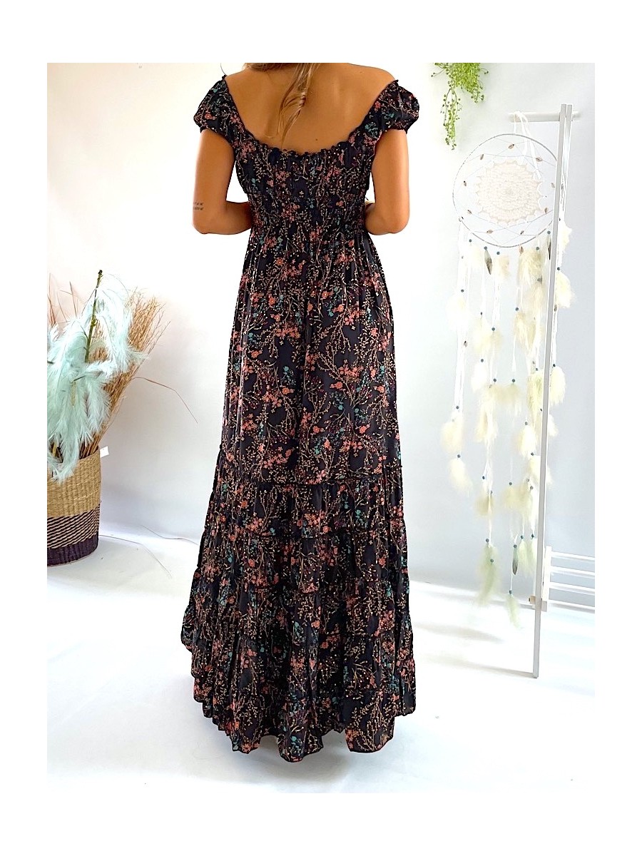 Vestido Abby negro con flores rosas