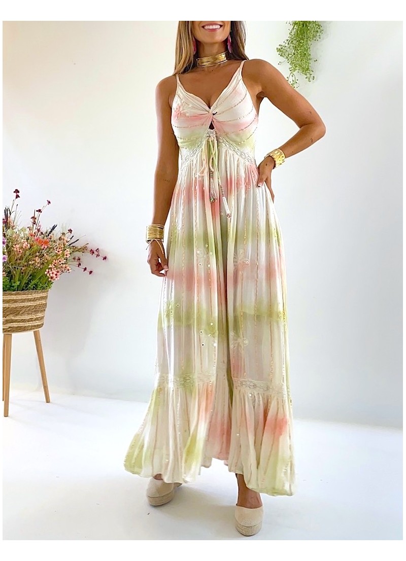 Vestido Milos largo verde y coral