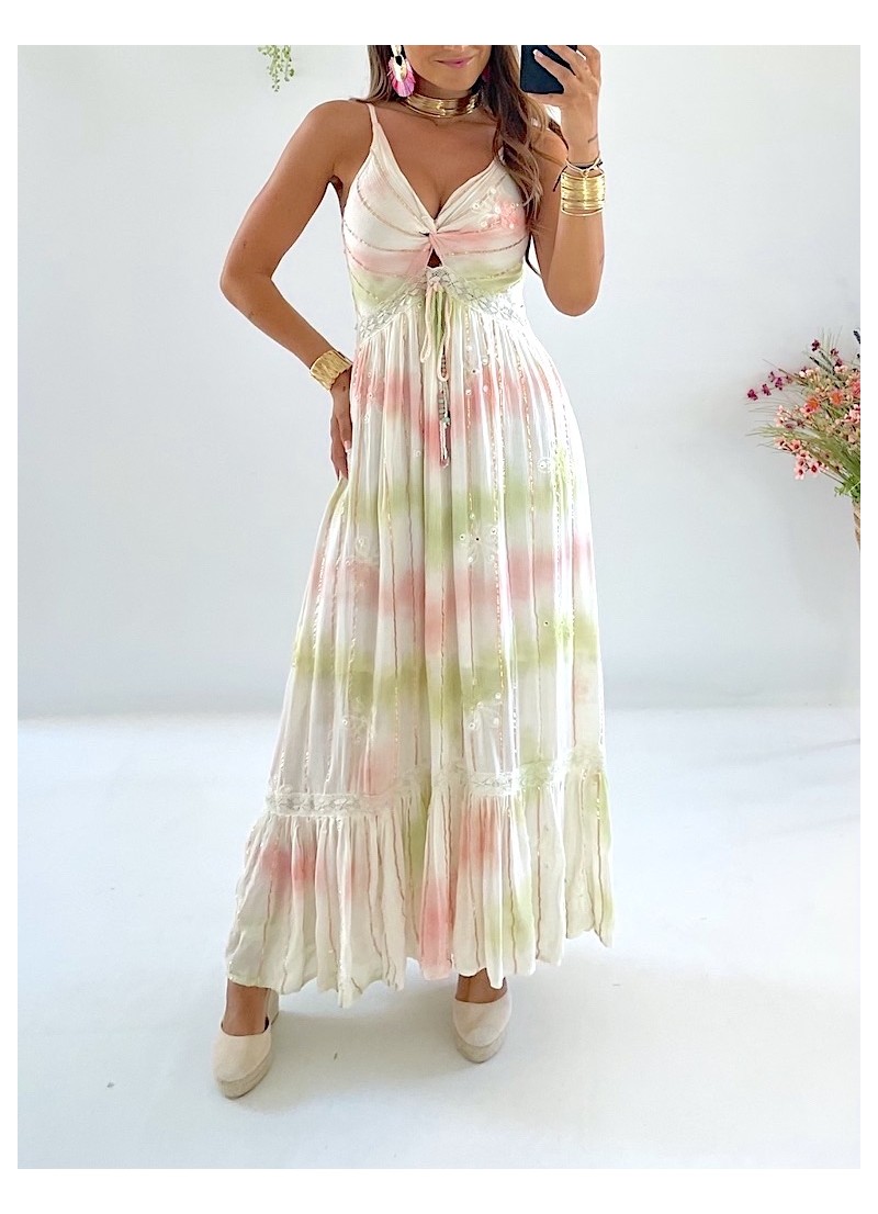 Vestido Milos largo verde y coral