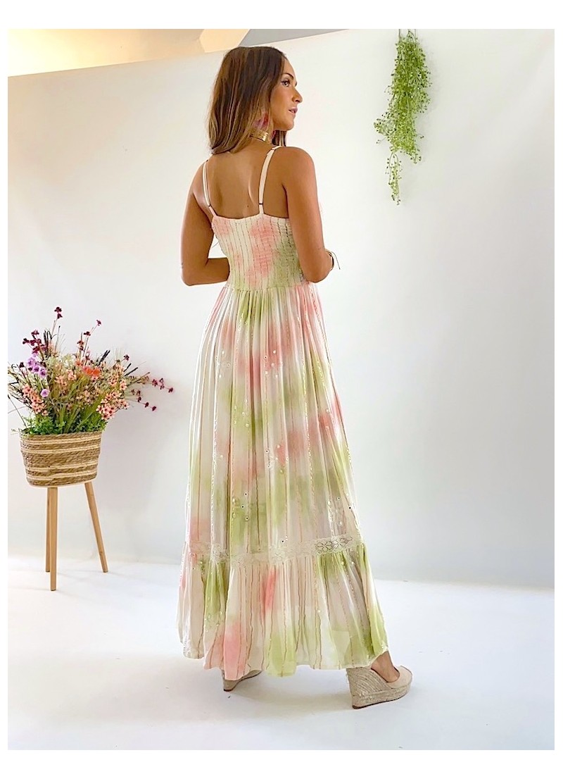 Vestido Milos largo verde y coral