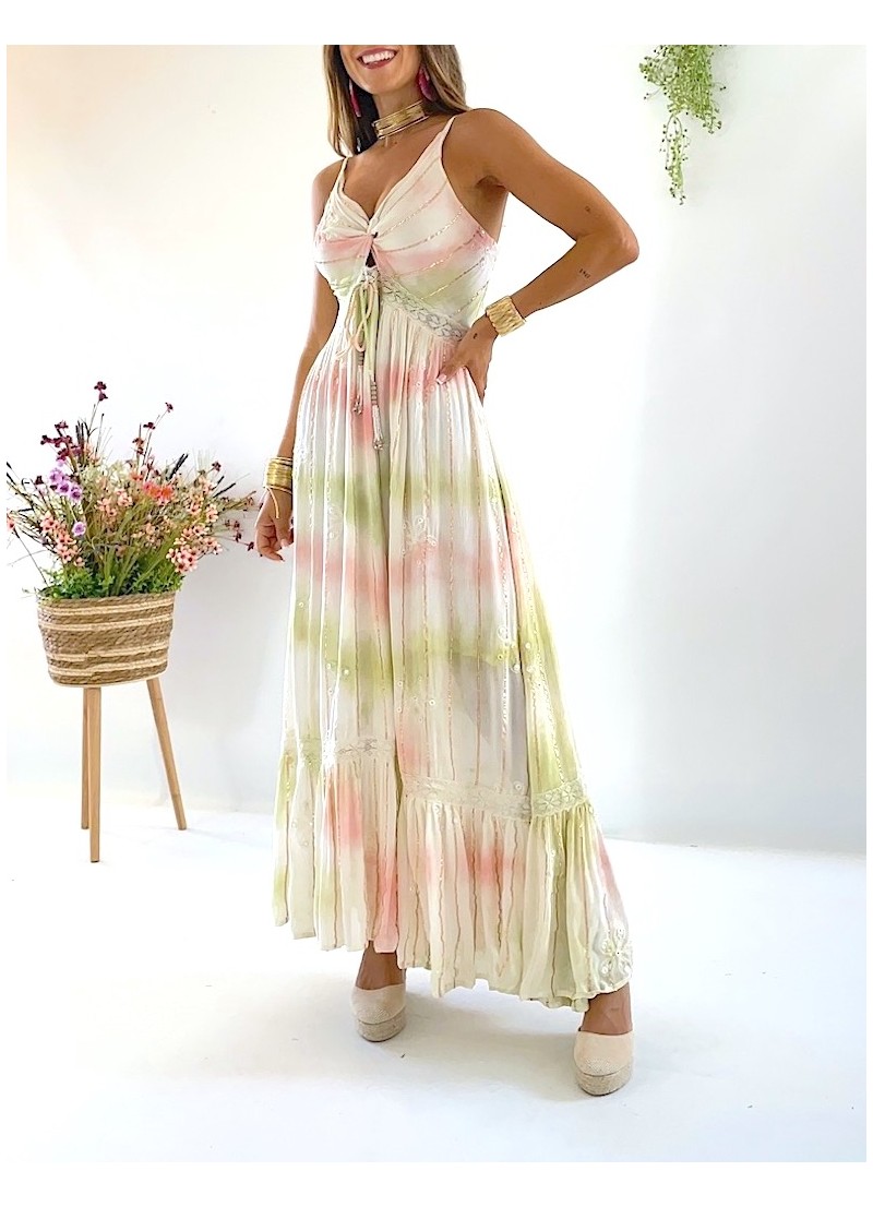 Vestido Milos largo verde y coral