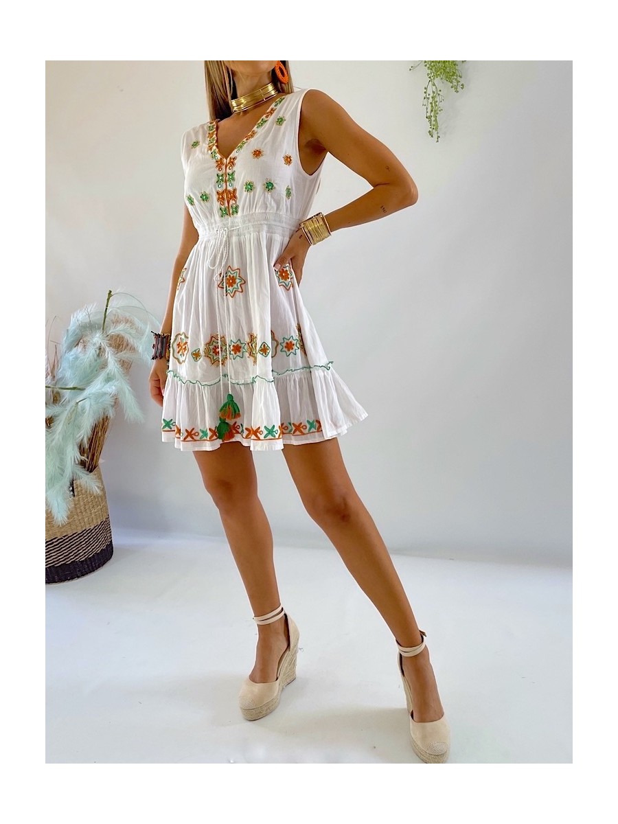 Vestido Karen bordado verde y naranja