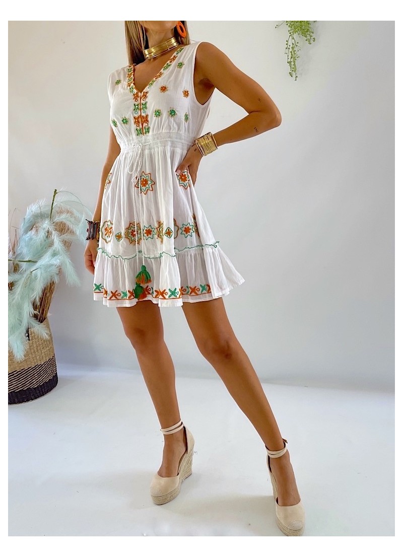 Vestido Karen bordado verde y naranja