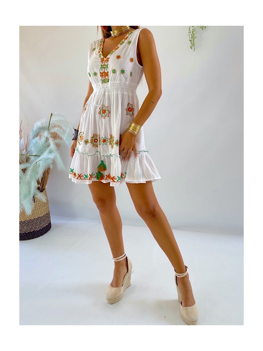 Vestido Karen bordado verde y naranja