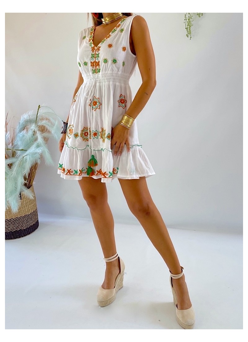 Vestido Karen bordado verde y naranja