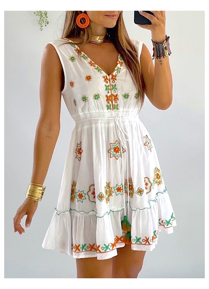 Vestido Karen bordado verde y naranja