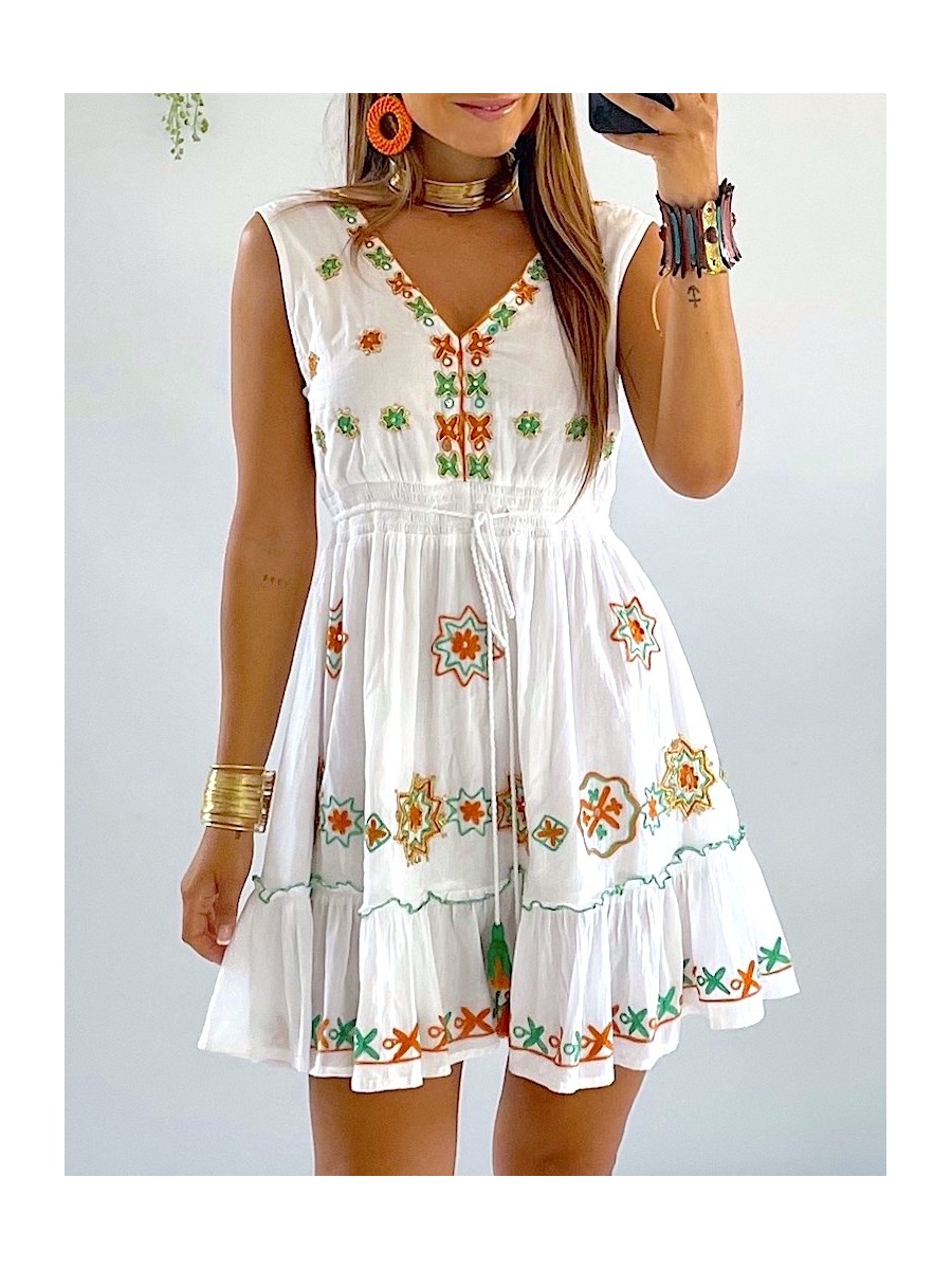 Vestido Karen bordado verde y naranja