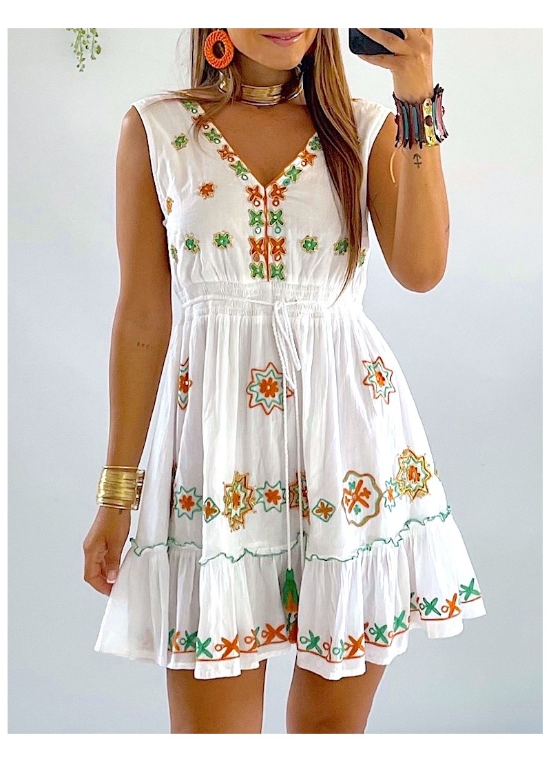 Vestido Karen bordado verde y naranja