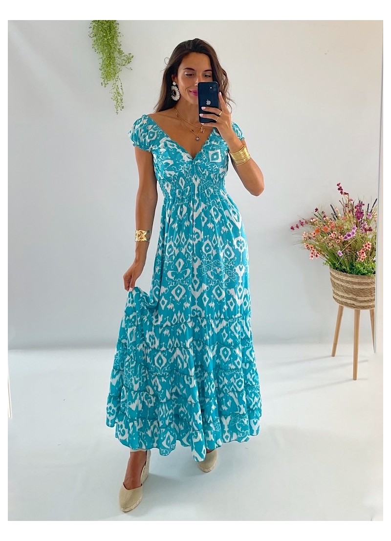 Vestido Abby blanco y turquesa