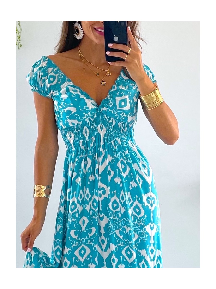 Vestido Abby blanco y turquesa