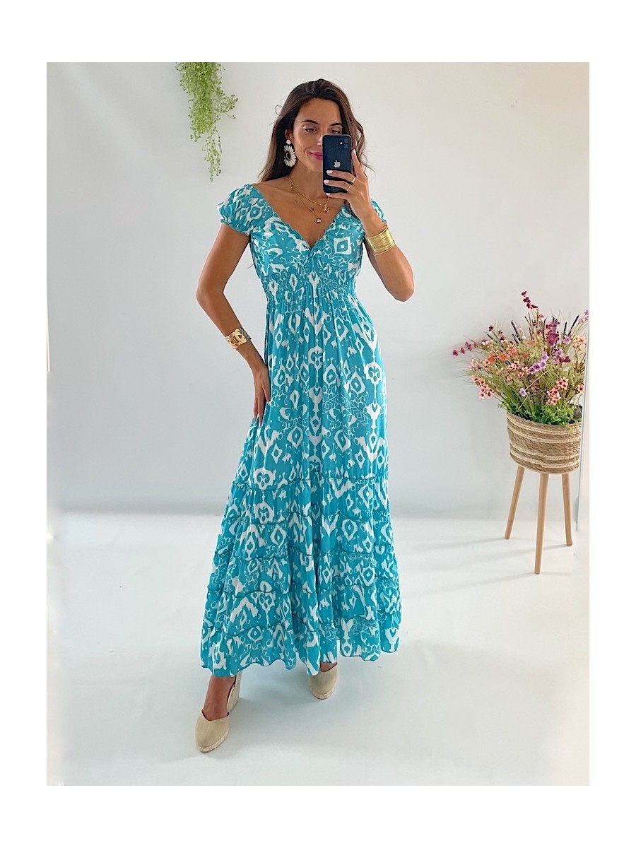 Vestido Abby blanco y turquesa