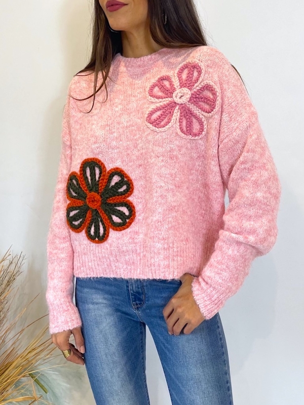 Jersey Lea flores bordadas rosa