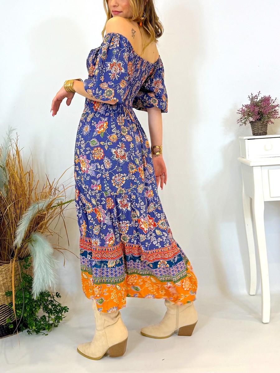 Vestido Keira azul y naranja Trilce